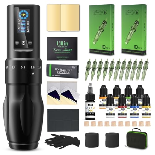 INKin Tattoo Maschine Set, Tattoo Set mit Kabelloser Tattoo Maschine, Verstellbare Anschläg 2,0-4,0mm und 1600mAh Batterien, Tattoo Nadeln Set and Tattoo Ink für Tattoo Anfänger und Künstle