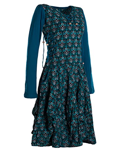 Vishes - Alternative Bekleidung - Langarm Damen Jersey-Kleid Blumenkleid Schnürung V-Ausschnitt schwarz 36-38