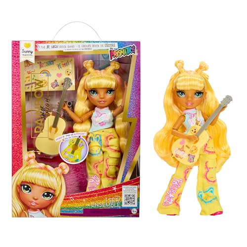 Rainbow High Junior High Rock Band - Sunny, Gelb - 23 cm Modepuppe mit Gitarre, Individuell mit Aufklebern Gestaltbar, Beweglich, Süßes Spielzeug für Kinder ab 4 Jahren