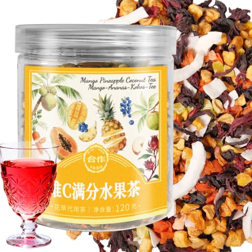 HEZUO Mango Ananas Kokos Tee, Vegan, Reich an Vitamin C, Früchtetee mit Apfel, Mango, Ananas, Papaya, Blaubeere, Karotte, Hibiskus, Kokosnuss, Koffeinfrei, Natürliche Zutaten, 120g