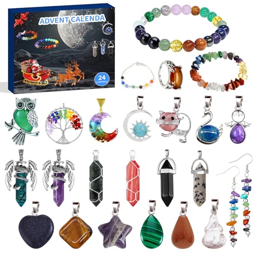 Schmuck Adventskalender 2025 Edelstein, 24 Tage Weihnachts Countdown Kristall Adventskalender Schmuck mit Armband Ohrringe Halskette Ring Steine Kit für Teenager Mädchen Weihnachtsgeschenke