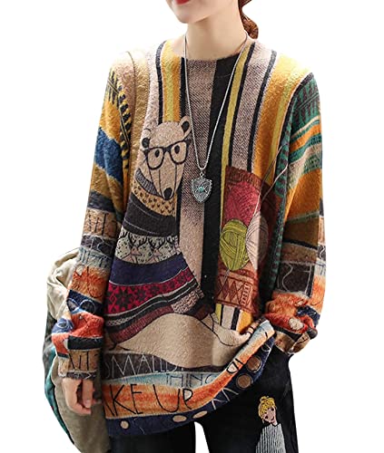 Janein Damen Pullover Oversize Lang Strickpullover Herbst Winter Rundhals Sweater mit Blumenmuster Weihnachtspullover M S01DE CR31
