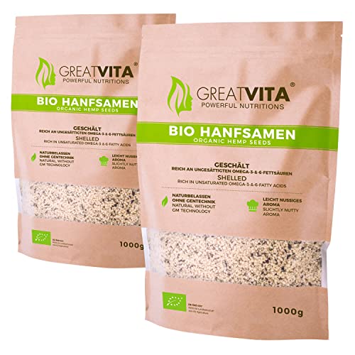 GreatVita Bio Hanfsamen, geschält, (2 x 1000g) natürliches Protein, Eiweiß
