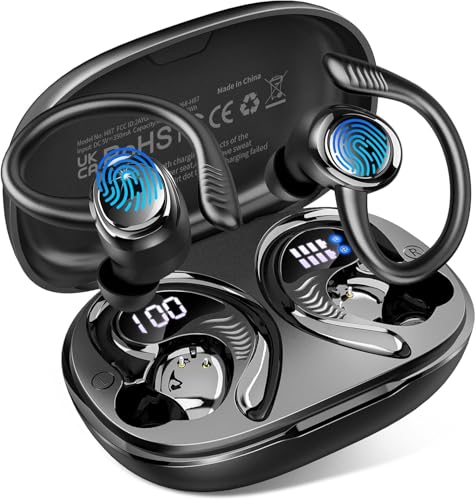 Bluetooth Kopfhörer Sport, 2025 In Ear Kopfhörer Kabellos Bluetooth 5.4 mit 6D Stereo/4 ENC Mic, 50H Noise Cancelling Ear buds, Over-Ear Sportkopfhörer mit Ohrhaken, IP7 Wasserdicht Ohrhörer für Sport