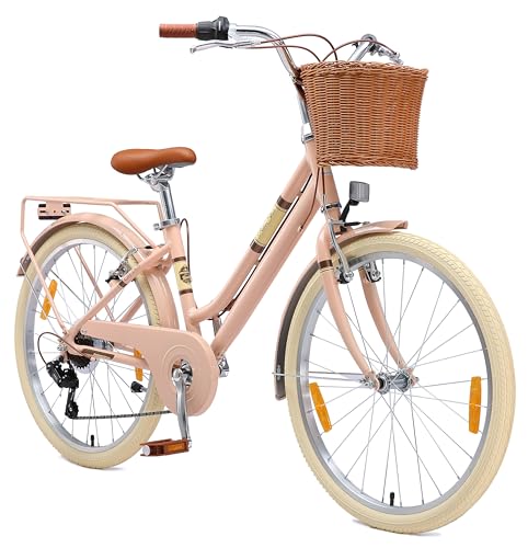 BIKESTAR Alu Kinderfahrrad ab 9-10 Jahre | 24 Zoll City Retro Bike, 7 Gänge, Korb, V-Bremse, Hollandrad | Rosa | Risikofrei Testen