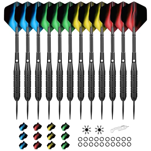 WayArrival Profi Steel Darts Set | 12 Stück 24g Dartpfeile mit Metallspitze & Messing-Schäften | Inkl. 24 Flights, 20 O-Ringe, Ersatzschäfte | Für Bar, Training & Turnier