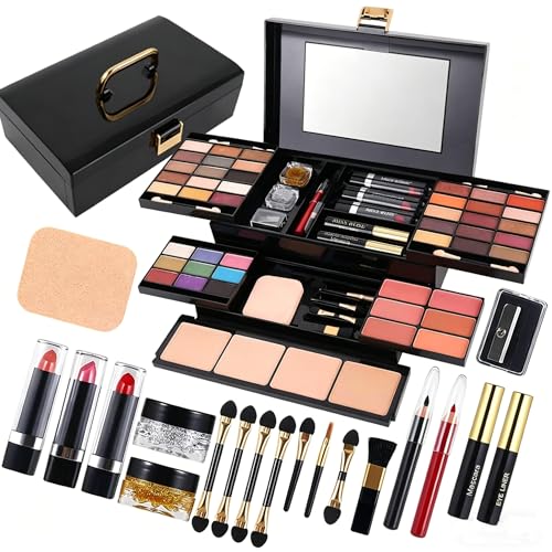 Makeup Kit for Women Girls,Schminke Set Frauen, All in One Makeup Kit,mit Kosmetikpinsel, Lippenstift, Lidschattenpalette, Rouge, Glitzer-Gel in Rosa, lustiger Reise-Schminkkoffer für Mädchen