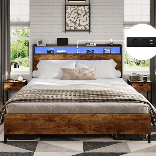 DICTAC Bett 140x200 cm mit LED Beleuchtung,Metall Doppelbett mit Steckdose und USB-Ladefunktion, Bettgestell 140x200 cm mit Holzkopfteil Stauraum, Bettrahmen mit Lattenrost und Stauraum unter dem Bett