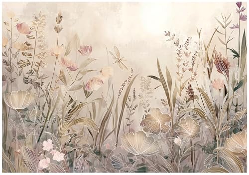 WallArena - Vlies Fototapete botanisch 350x250 cm - Fototapeten - Tapeten - für Wohnzimmer Schlafzimmer - Vliestapete Wandtapete Tapete 3D Effekt- inkl. Kleister - Wiese Blumen Boho Beige