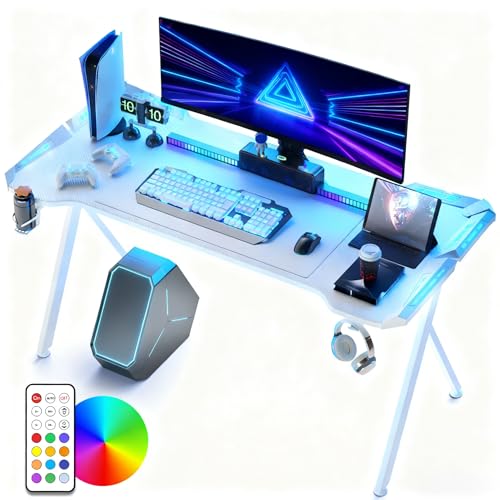 LZQ Gaming Tisch mit RGB LED 120x60 cm, Gaming Schreibtisch Ergonomischer Gamer PC Tisch mit Kohlefaser-Oberfläche, Spieltisch RGB Computertisch mit Fernbedienung & Kopfhörerhaken, Weiß