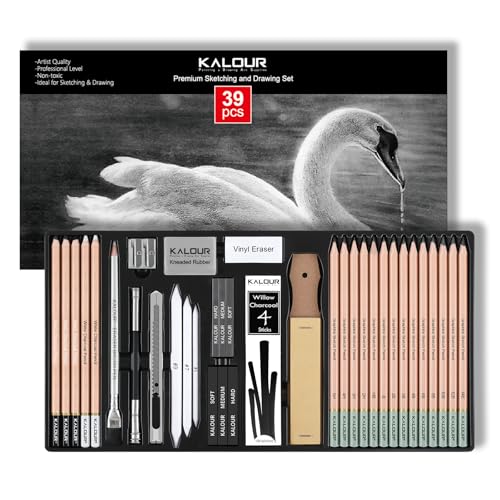 KALOUR PDAS 39-teiliges Bleistifte Set, Professionelles Zeichenstifte(5H-14B), Schwarze und Weiße Kohlebleistifte zum Zeichnen, Radierpinselstift, Kohlestäbe, Stifte Set für Künstler & Anfänger