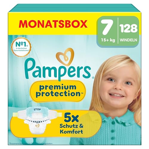 Pampers Premium Protection Größe 7, 128 Windeln, 15kg+, unser Nr. 1 Haut- und Auslaufschutz