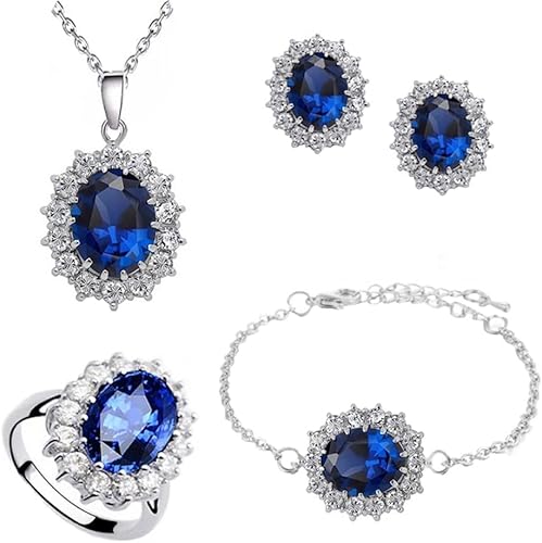 TOFBS Schmuckset für Damen und Mädchen Zirkonia Anhänger Halskette Ohrringe Armband und Ringe Set Prinzessin Diana Schmuck Set (Royalblau)