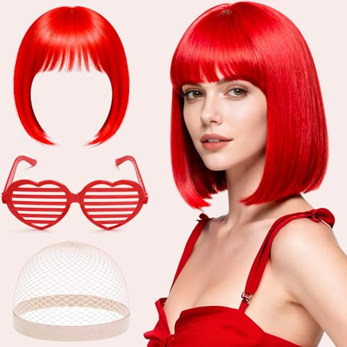 Perücke Damen Fasching Perücken Rot - PerrüCke Frauen Kurz, Perücke Karneval Wig Set mit Haarnetz und Bunte Brille für Karneval Cosplay Kostüm Party, Strahlende Farbe, Geschmeidiges Haar