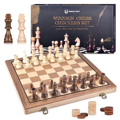 DYDHRER 39 x 39cm Schachspiel, 2 in 1 Schachbrett Holz Hochwertig, Tragbare Schach, Chess Board Klappbar, Reiseschach Schachspiel Kinder, Schachspie Magnetisch Set für Party Familie Aktivitäten