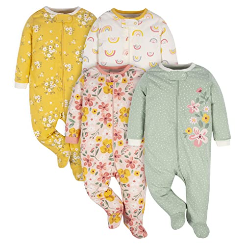Gerber Baby-Mädchen-4er-Pack Sleep'N Play Strampler und Kleinkind-Schlafanzüge, goldenes Blumenmuster, 3–6 Monate