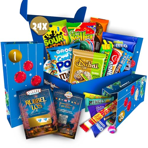 Amerikanische Süßigkeiten Box mit 24 Teilen + gratis Adventskalender Tüten - Adventskalender Füllung mit Süßigkeiten & Snack aus aller Welt - American Candy Box (XL)