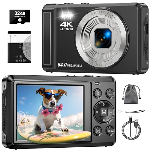4K 64MP Digitalkamera, 2.8 Zoll UHD Autofokus Fotoapparat mit 16X Digitalzoom Tragbar Kompaktkamera mit 1200mAh Batterie & 32GB TF-Karte für Kinder Teenager Anfänger