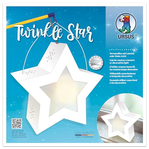 Ursus 18770002 - Twinkle Star, weiß, ca. 19,3 x 18,3 x 8 cm, Laternen Rohling Stern aus Fotokarton 300 g/m² gelasert und genutet, 2 Sterne aus Transparentpapier 115 g/m², Laternentragebügel