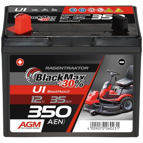 BlackMax Rasentraktor Batterie 12V 35Ah 350A (Pluspol links) - U1-9 +30% Starterbatterie (12 Volt) für Aufsitzmäher und Rasenmäher-Traktoren, wartungsfrei & wiederaufladbar