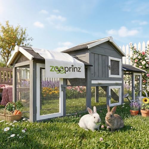 zooprinz großer & moderner Hasenstall, Kaninchenstall - aus massivem Vollholz ideal für draußen - Einfach zu reinigen Dank extra hoher Kotschublade - Kleintierstall mit natürlichen Farbe gestrichen