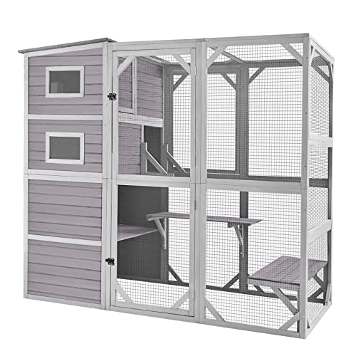 Holz-Katzenhaus für den Außen- und Innenbereich, großes Katzengehege, verbesserte Version, Catio-Käfig mit verstärktem Holzstreifen, wasserdichtem Dach (grau)