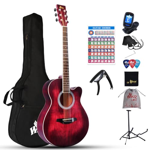 Winzz Akustikgitarre Rot, Westerngitarre 40 Zoll, Gitarre Anfänger Set mit Gitarre Tonabnehmer, Gitarrenständer, Gitarren Plektrum, Gitarrengurt, Gitarrenstimmgerät, Gitarrentasche