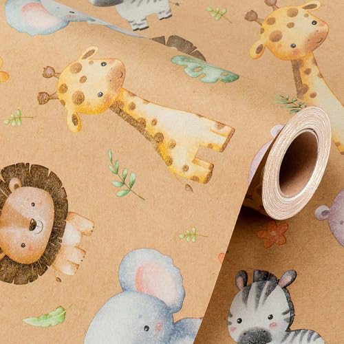 Wikadlik Geschenkpapier aus Kraftpapier, 43 cm x 10 m, fröhliches Tiermotiv, Geschenkpapier mit Gitter-Schnittlinien für Geburtstag, Urlaub, Party