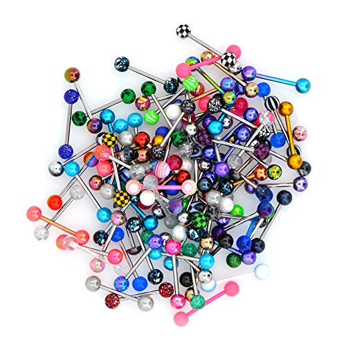 OUFER 100PCS 14G 316L Edelstahl Tongue Rings Different Color Ball Acrylic Tongue Piercing Tongue Barbells zungenpiercing set (Random Colors)
