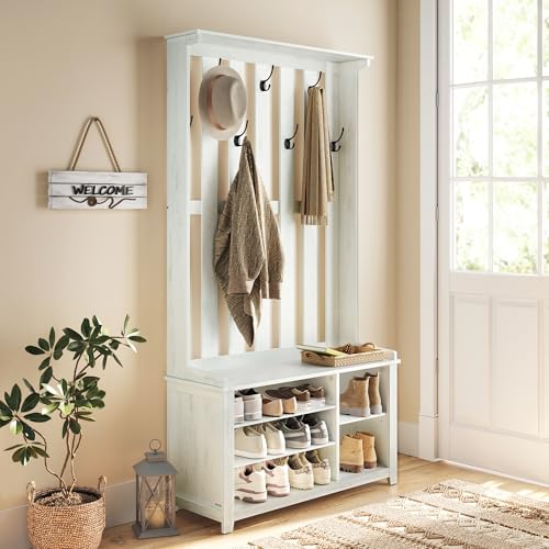 VASAGLE Garderobenständer, Kleiderständer, Schuhbank, Garderobe, Jackenständer mit Ablage, 7 Doppelhaken für Jacken, Hüte, Flur, Schlafzimmer, Wohnzimmer, 35 x 81 x 180 cm, vintageweiß HSR414W01