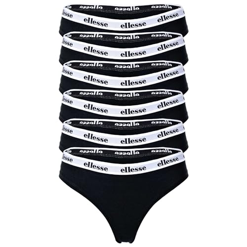 Ellesse Damen Strings, 6er Pack - HILLAR, Unterwäsche, Cotton Stretch, Logobund Schwarz M