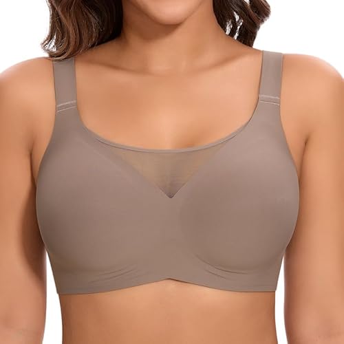 Jiuday BH Damen ohne Bügel Große Brüste Starker Halt Push Up BH ohne Buegel Seamless Bequem Klassische Soft Nahtloser Bügelloser T Shirt Bra Gepolstert Mesh Bralette (Flacher V Kaffee,2XL)