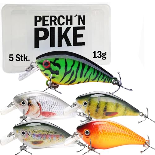 Crankbait Wobbler Set für Hecht, Barsch & Zander, Kunstköder Set für Spinnfischen, 13g I 7,5cm schwebend, 5er Set Angelköder in verschiedenen Dekoren, Hechtköder, Barschköder, Zanderköder