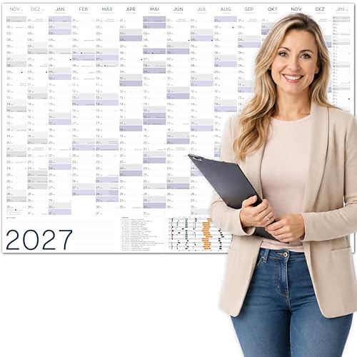 Spielefabrik XXL Wandkalender 2027 groß | Jahresplaner DIN A1+ (89x63 cm) Querformat für Büro, Familie & Schule | Wandplaner 16 Monate gefalzt | Jahreskalender Plakatkalender mit Feiertagen & Ferien