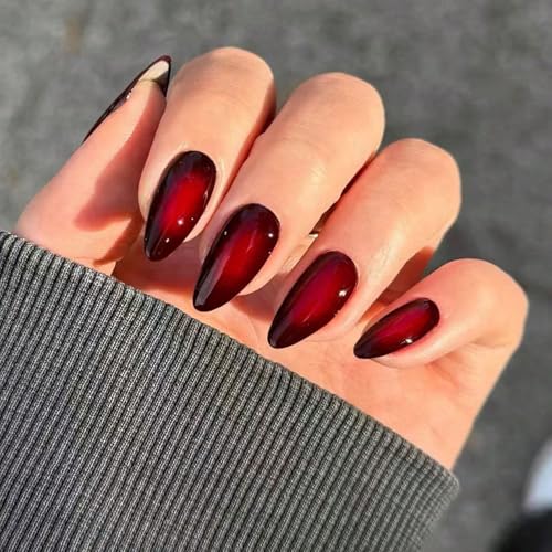 TESGADGETS 24 Stück Rot-Schwarz Ombre Künstliche Nägel in mittlerer Mandelform Full Cover Glänzende Acrylstücke für Damen Wiederverwendbar mit Nagel-Klebestreifen Einfach anzubringen