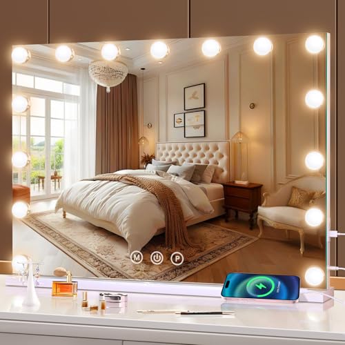 halumao Schminkspiegel mit Beleuchtung, 58 x 48 cm Hollywood schminktisch Spiegel mit 15 Lampen, 3 Modi Tischspiegel mit Touch-Schalter USB-Ladeanschluss