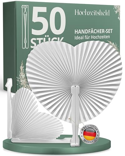 HOCHZEITSHELD Fächer Hochzeit 50 Stück - Weiße Handfächer für Erfrischung der Gäste - Papierfächer als Hochzeitsdeko & Standesamt Deko, Fächer Herz als Deko Hochzeit & Hochzeitsgeschenke für Brautpaar