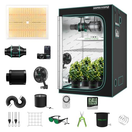 MARS HYDRO TSW2000 Growzelt Komplettset,LED Vollspektrum Dimmbar Grow Lampe, 120X120X200cm 1680D Hohe Reflektivität Grow Box Komplettset,6