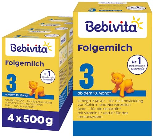 Bebivita 3 Folgemilch (4 x 500g), ab dem 10. Monat, mit Vitamin C und D, Omega-3 (DHA,ALA), altersgerecht sättigend