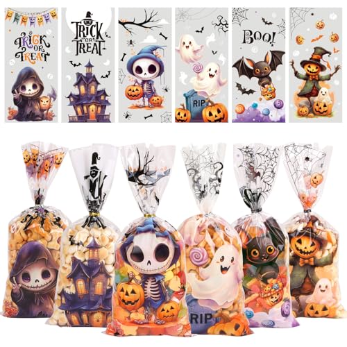 JOFONY 120 Stück Halloween Zellophanbeutel, 6 Muster Halloween Süßigkeiten Tüte mit 150 Stück Twist Krawatten für Sweets Kekse Snacks