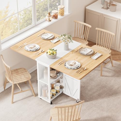 Jocoevol Esstisch Klappbar Küchentisch für 2-4 Personen, Klapptisch mit Trennwand und zweilagigem offenem Regal, Ausziehbar mit Rollen für Küche & Esszimmer, 120x60x76 cm, Ahorn + Weiß