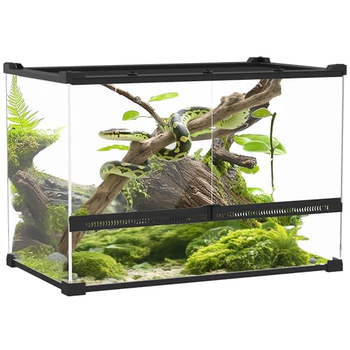 PawHut Terrarium für Reptilien Glasterrarium 48L Reptil Fütterungsbox mit Frontbelüftung, ausbruchsicherer Drehverschluss für Amphibien Spinne Schwarz 50 x 30 x 35 cm