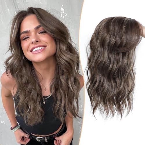 Ms Taj haartopper Haarteile für Damen, 40cm, Brown Highlights Gewellte Haarteile für Frauen mit dünner werdendem Haar, Clip in synthetische Wiglets, Haarteil mit Pony