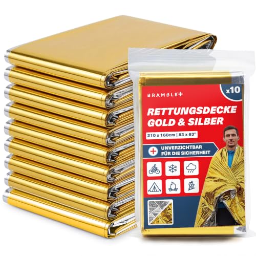 Bramble 10 Stück Rettungsdecke Rettungsfolie Gold/Silber 210x160cm - Auto, Erste Hilfe, Camping, Survival Kit - Alu Thermo Wärmedecke Verbandskasten (10er-Pack)