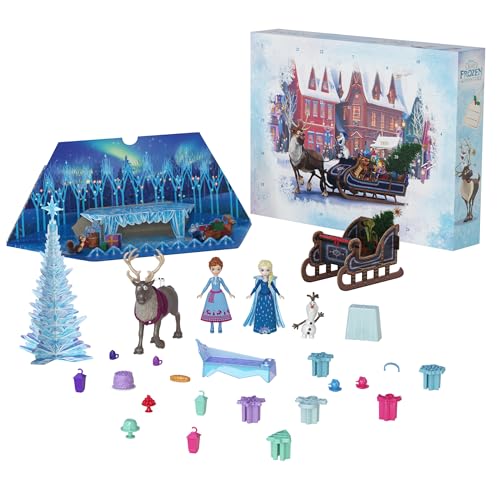 Mattel Disney Die Eiskönigin Kleine Anna- und Elsa-Puppen Adventskalender mit 2 Freundefiguren, formbarem Sand und 24 Spielteilen, inspiriert von Die Eiskönigin Olaf taut auf“, HWX20