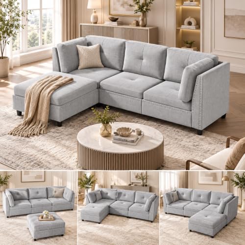 YODOLLA Ecksofa 225cm, L-Form Sofa mit Beweglichem Hocker, Grau