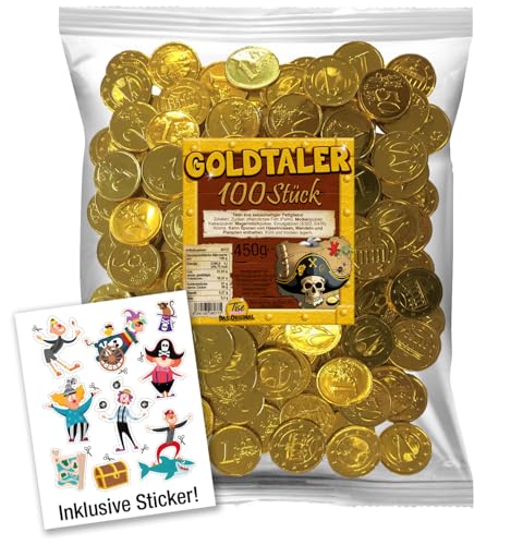 Schoko Goldtaler / Euromünzen (100 Stück) ideal für Schatzsuchen, Kindergeburtstage oder als Mitgebsel inkl. Piratensticker