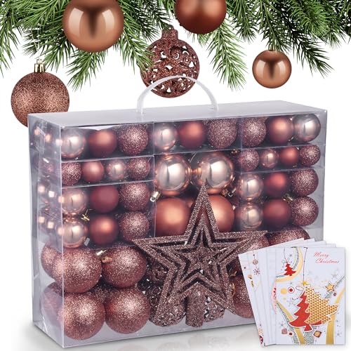 ONBEST Weihnachtskugeln 128-teiliges Set – 1x Baumspitze Glitzer Stern & 127x Kugel – mit Verpackung – Weihnachtsschmuck Deko für Drinnen & Draußen aus Kunststoff – Plus 5X Karte (Braun)