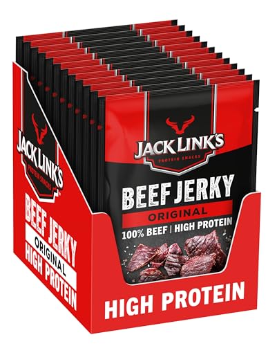 Jack Links Beef Jerky Original – 12er Pack (12 x 25g) – Trockenfleisch Eiweiß Snacks - High Protein Snack für Gym, Fitness, Outdoor - American Food für Menschen - Dörrfleisch Chips aus Rind Fleisch