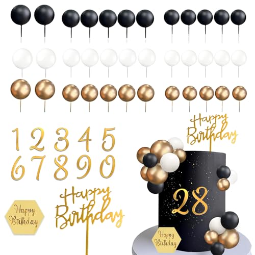 48 Stück Tortendeko Kugeln Cake Topper Schwarz Gold Kugeln Kuchen Deko Happy Birthday Topper und Acrylic Numbers 0-9, DIY Geburtstagstorte Deko für Männer Thema, Geburtstag, Hochzeit, Jahrestag
